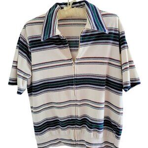 Vintage Striped Velour Front Zip-Up Shirt 70s 80s SEE MEASUREMENTS